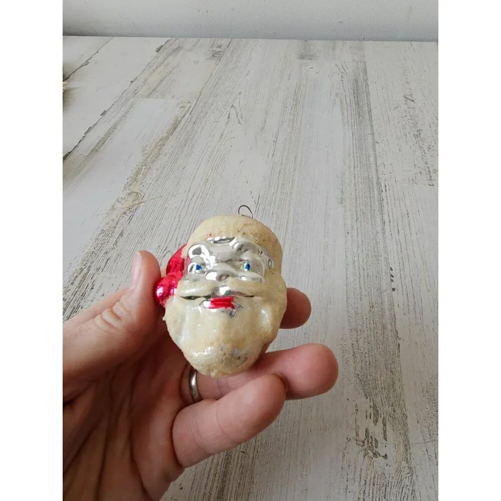 Vintage Santa flocked glass ornament‎ Germany mercury Xmas tree large